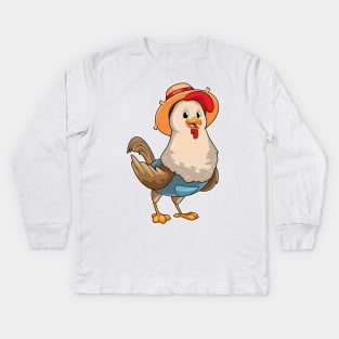 Chicken as Farmer with Hat Kids Long Sleeve T-Shirt